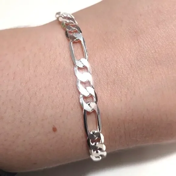 925 Silver Necklace & Bracelet Set Figaro Chain Link Valentines Birthday Gift